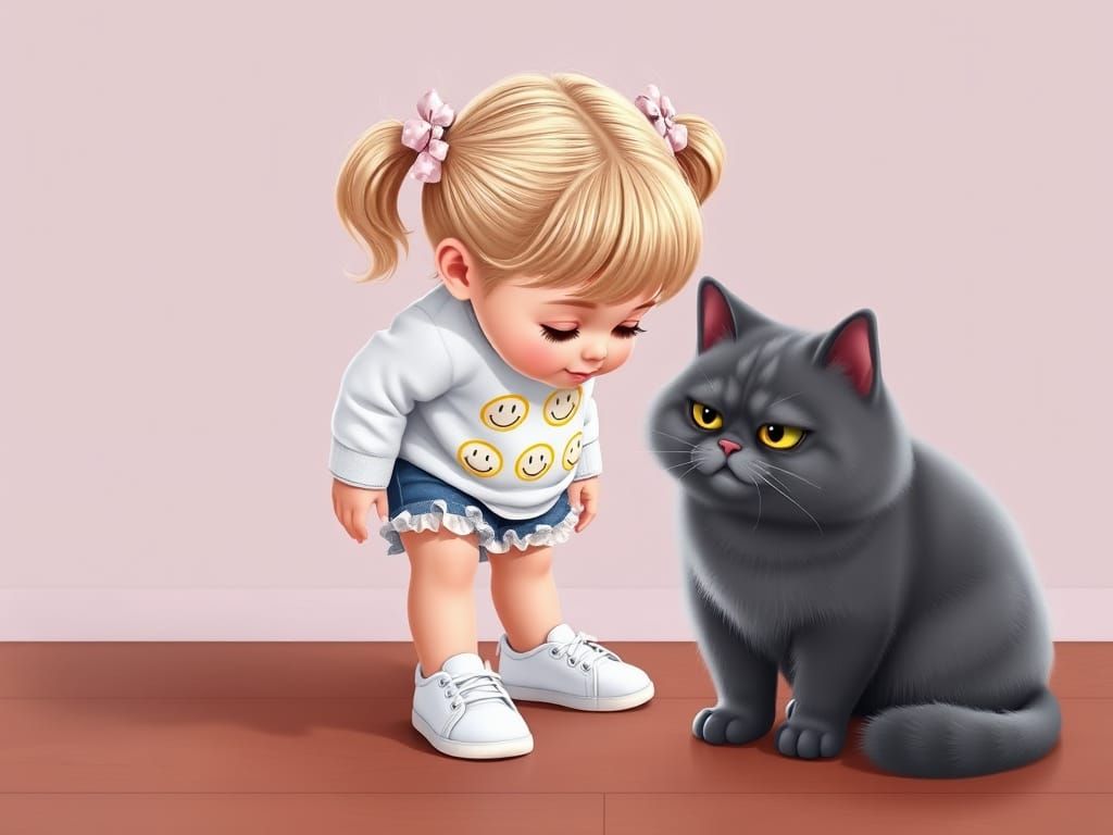 Surreal Whimsical Girl Kissing a Gray Cat in a Pop Art Style