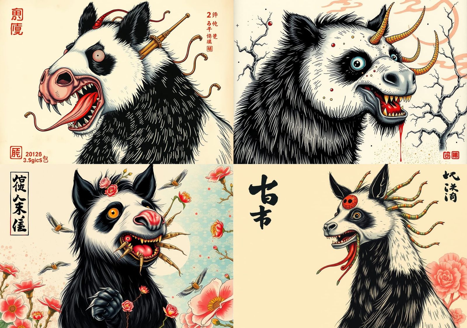Hybrid Horror Creature in Chinese Ink Painting