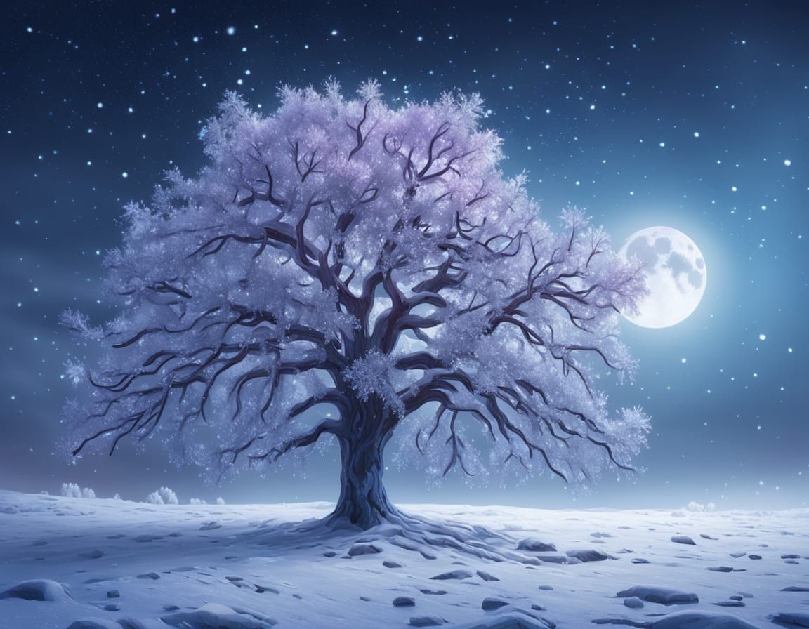 Hoarfrost Tree Under Moonlight in Oil Painting Style