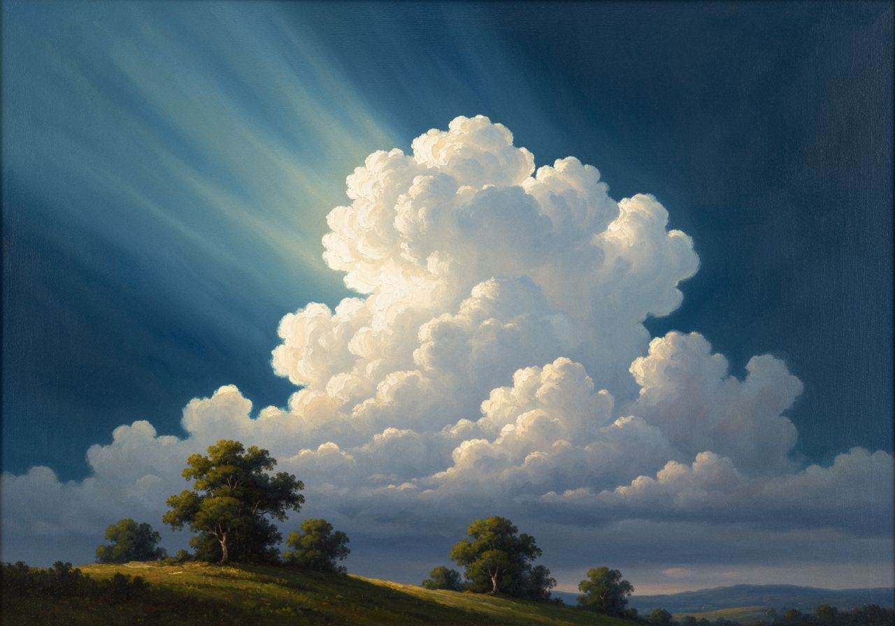 Romantic Landscape Oil Painting with Illuminated Cloud