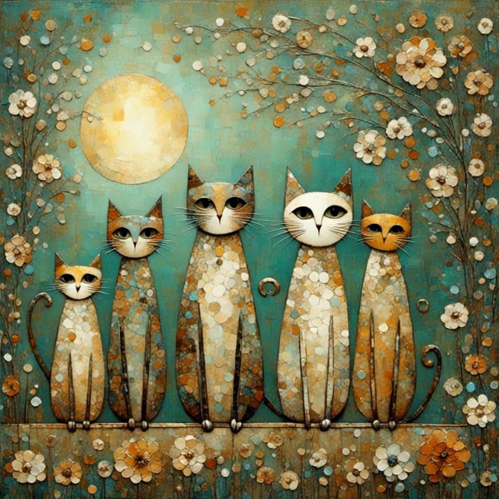 Whimsical Cats in Moonlight: Surreal Art