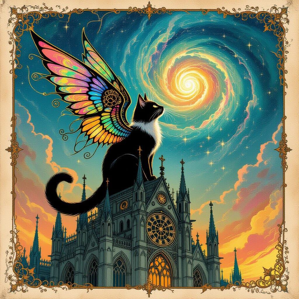 Clockwork Cat on Gothic Cathedral, Golden Age Illustration