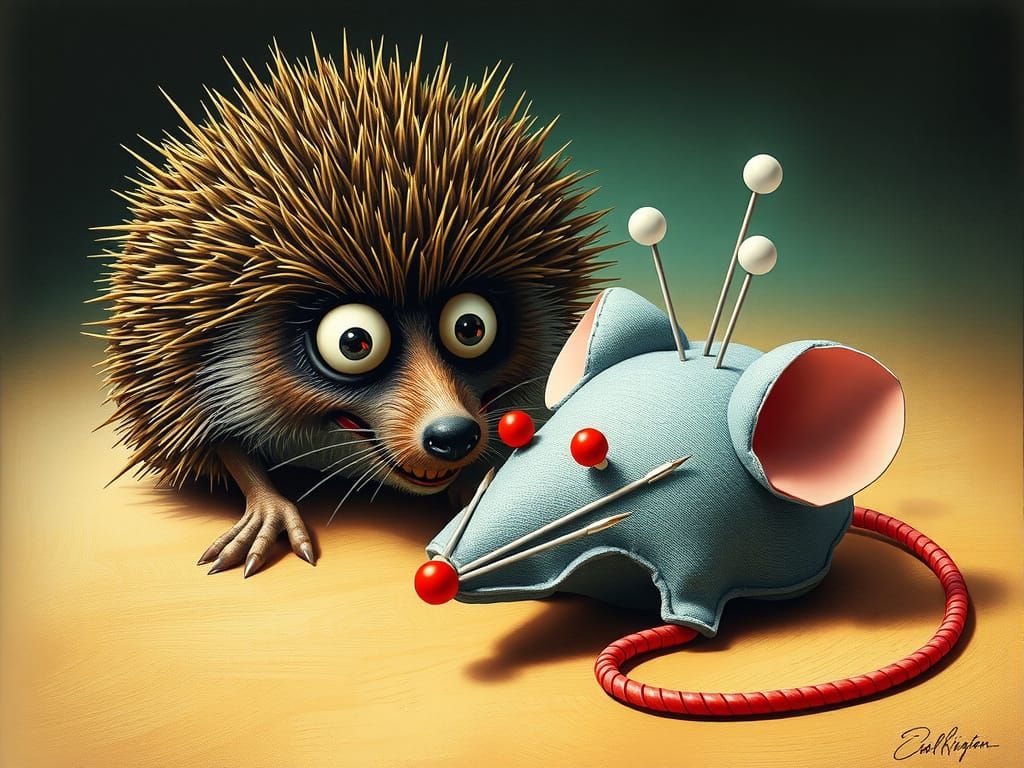 Surreal Hedgehog Confronts Grotesque Sewing Needle Mouse
