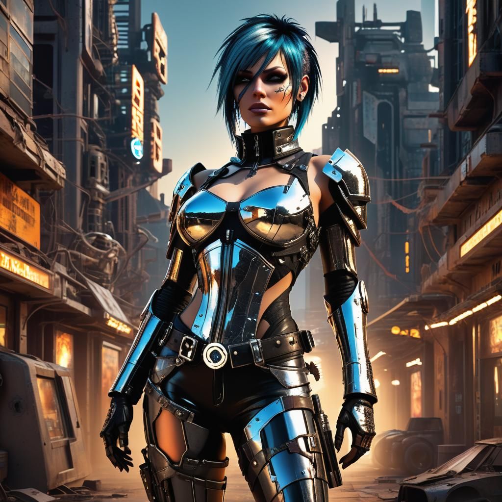 Christmapunk Outlaw in Futuristic City at Sunrise