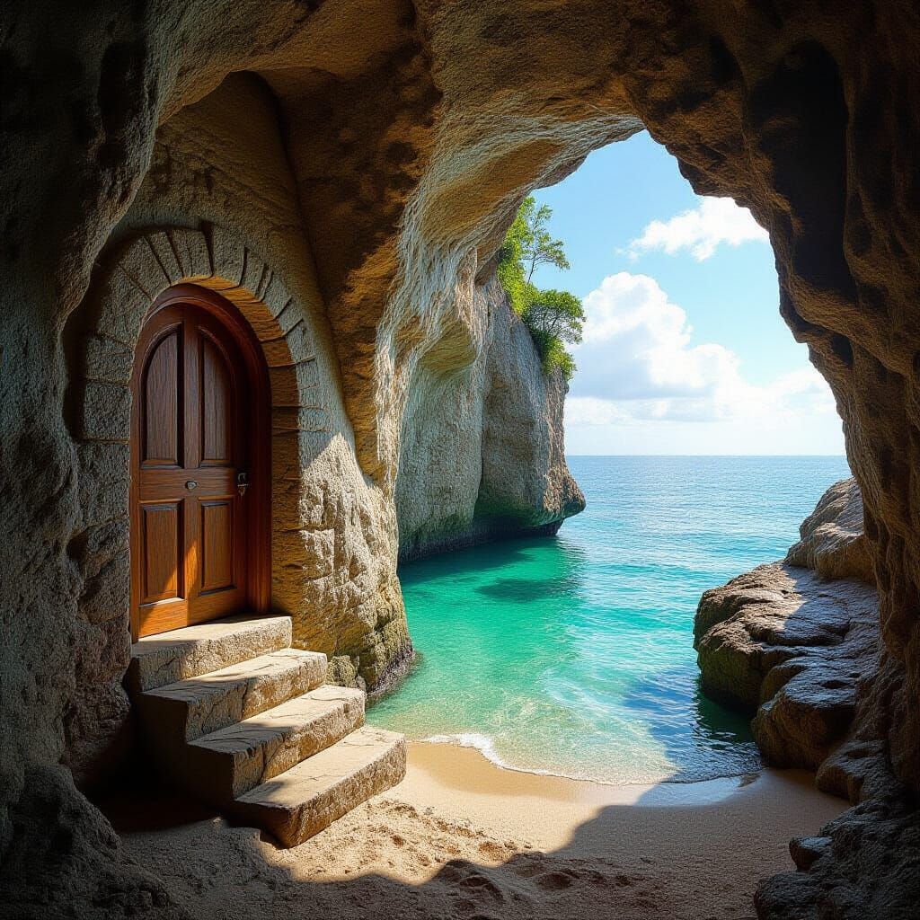 Realistic Sandstone Cave Door Leads to Ocean Staircase