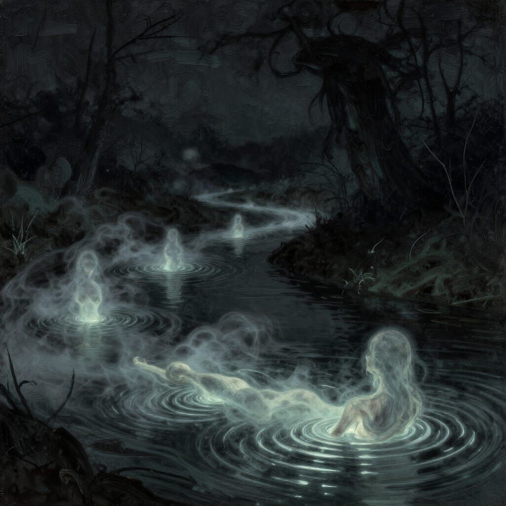 Ominous River at Night with Spectral Figures and Ethereal Mi...