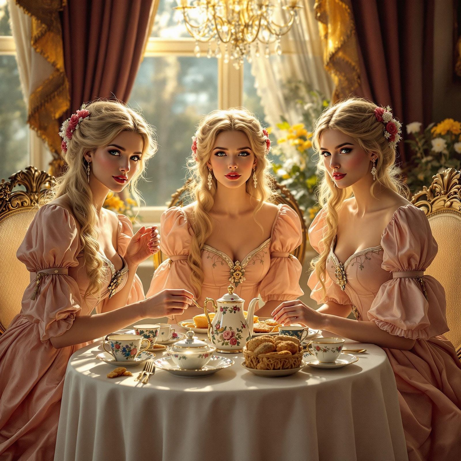 Elegant Blonde Sisters Enjoy Russian Breakfast in Lavish Sal...