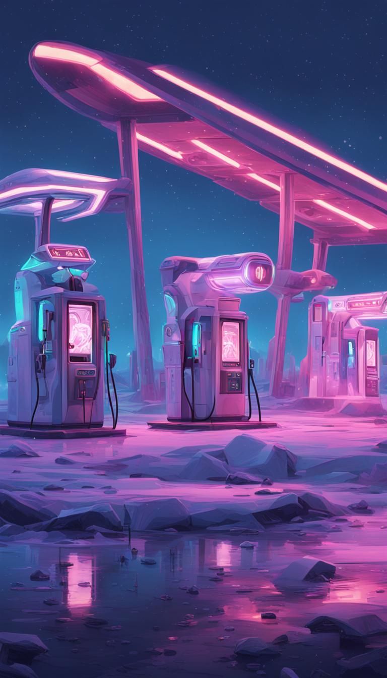 Retrofuturistic Gas Station on Icy Comet