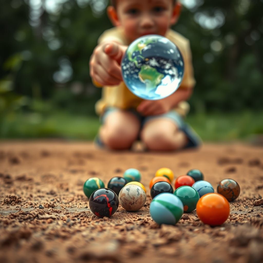 Macro Marble Game: Child Reaching for Earth