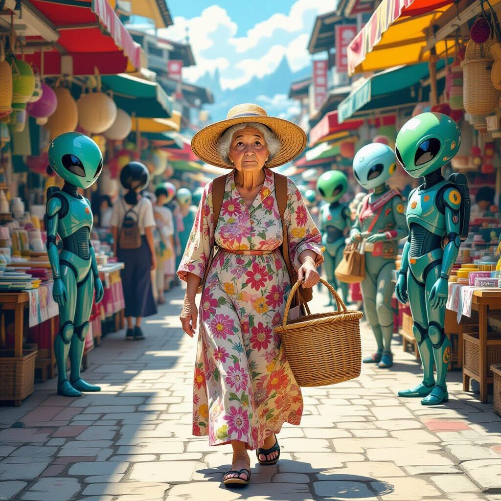 Confused Woman in Alien Market, Vibrant Surreal Art