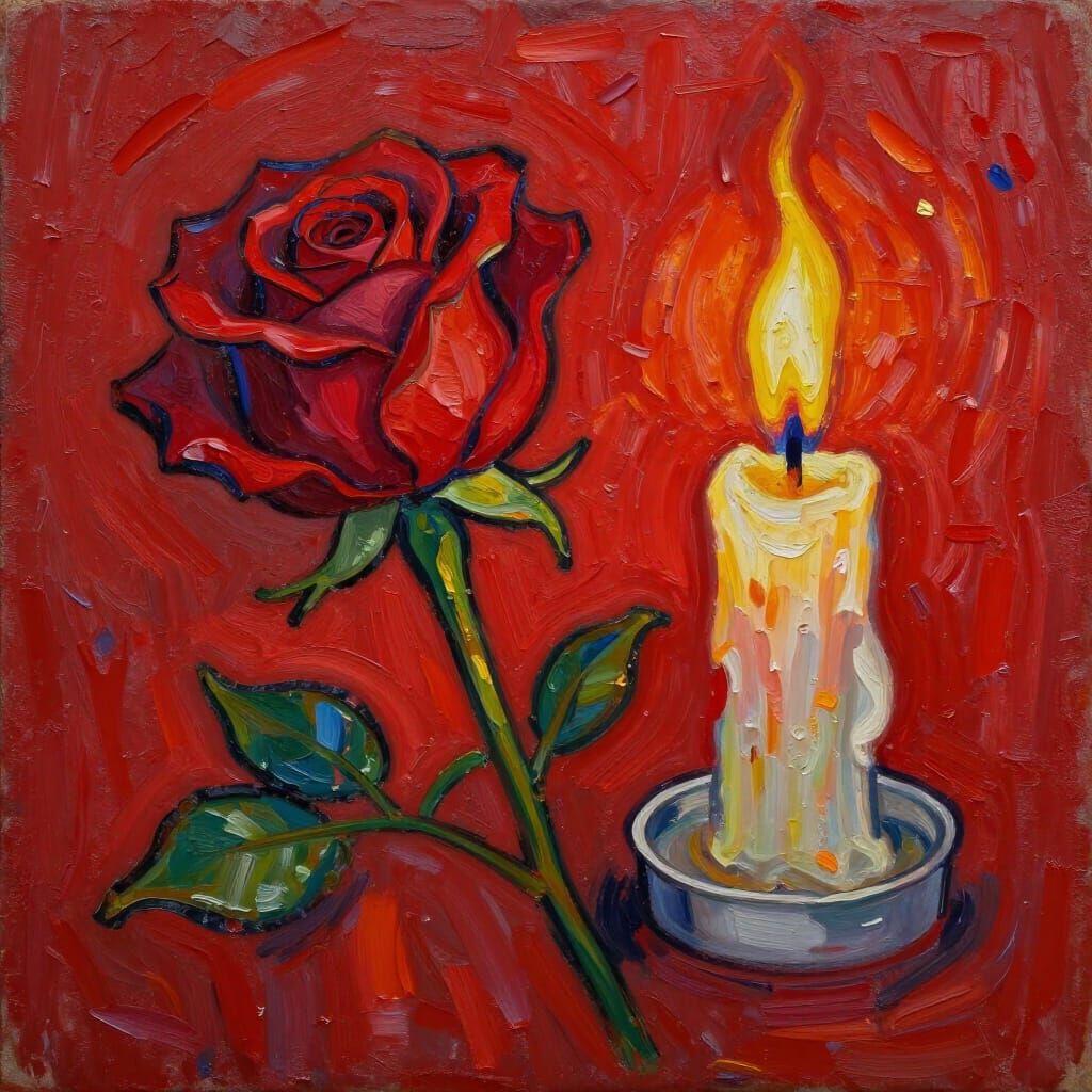 Expressionist Oil Painting of Wilting Rose and Burning Candl...