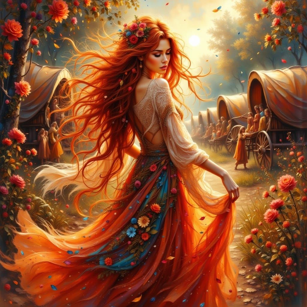 Whimsical Redhead Woman Dancing by Firelight in Hyper-Realis...