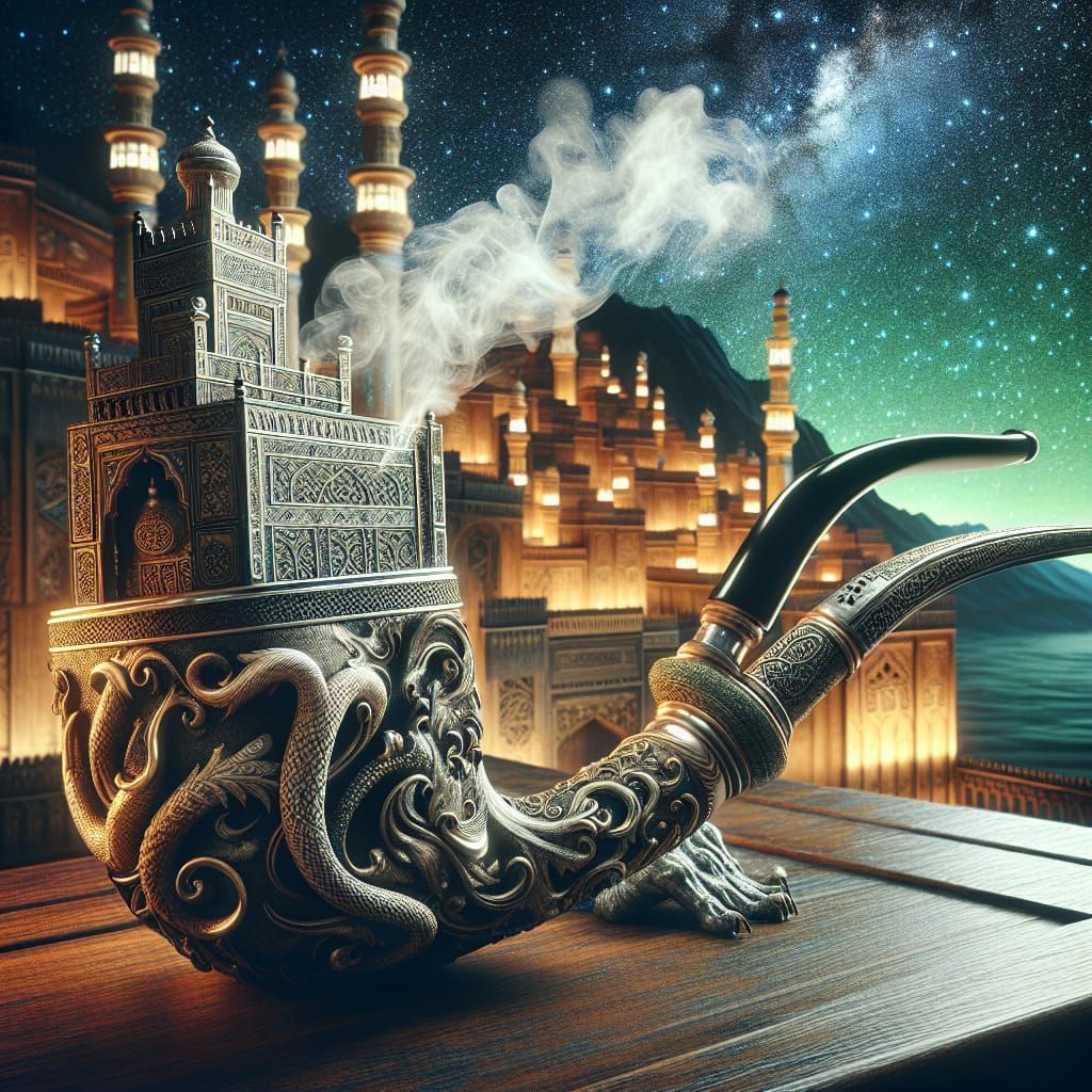 Ornate Pipe with Dragon Smoke in Arabian Night