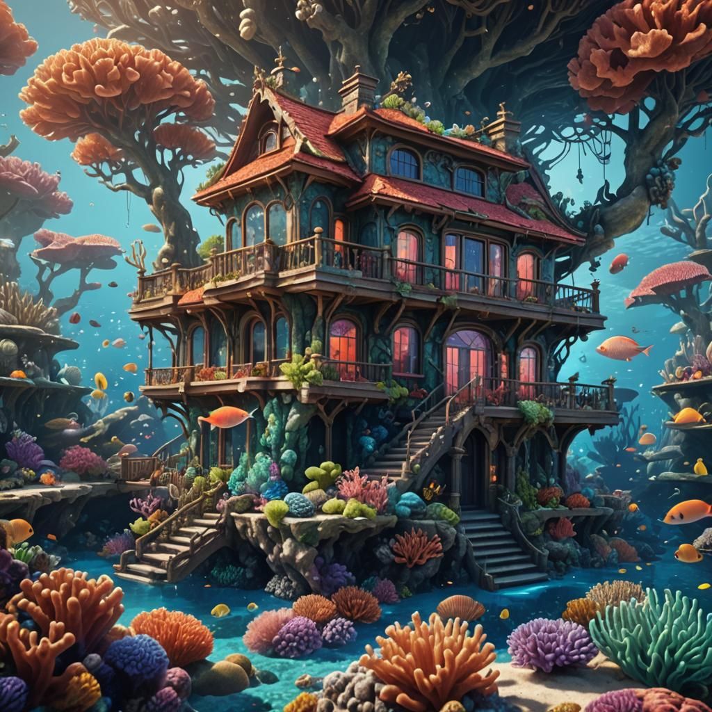 Glass House in Coral Reef: Detailed Matte Painting