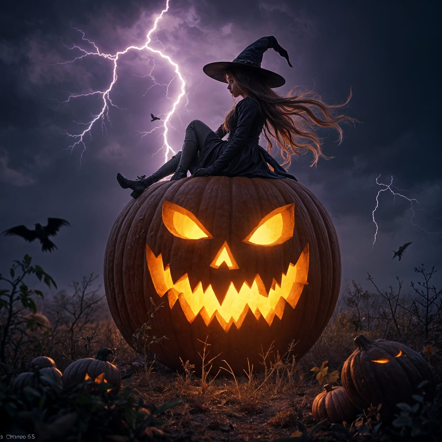 Witch Girl on Giant Jack-o'-Lantern Under Stormy Purple Sky