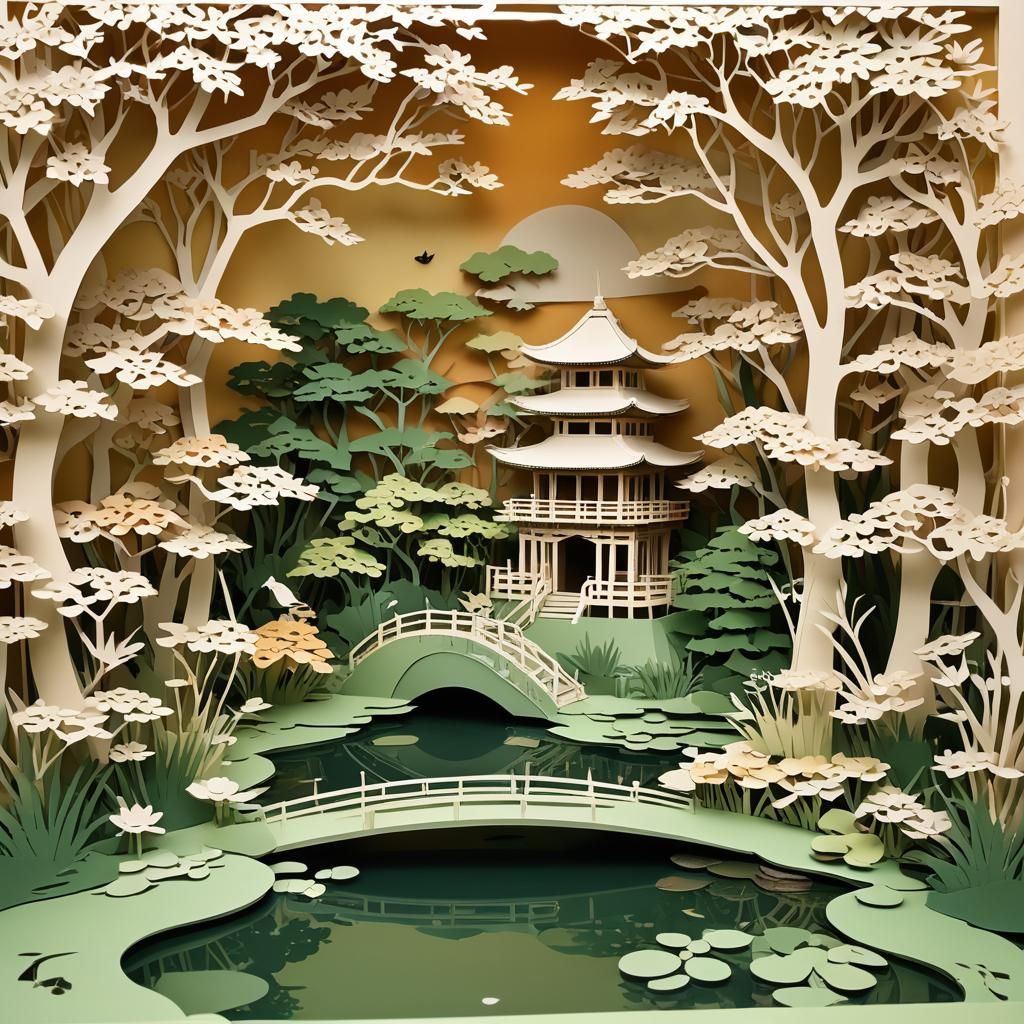 Intricate Kirigami Teahouse Garden in Spring Colors