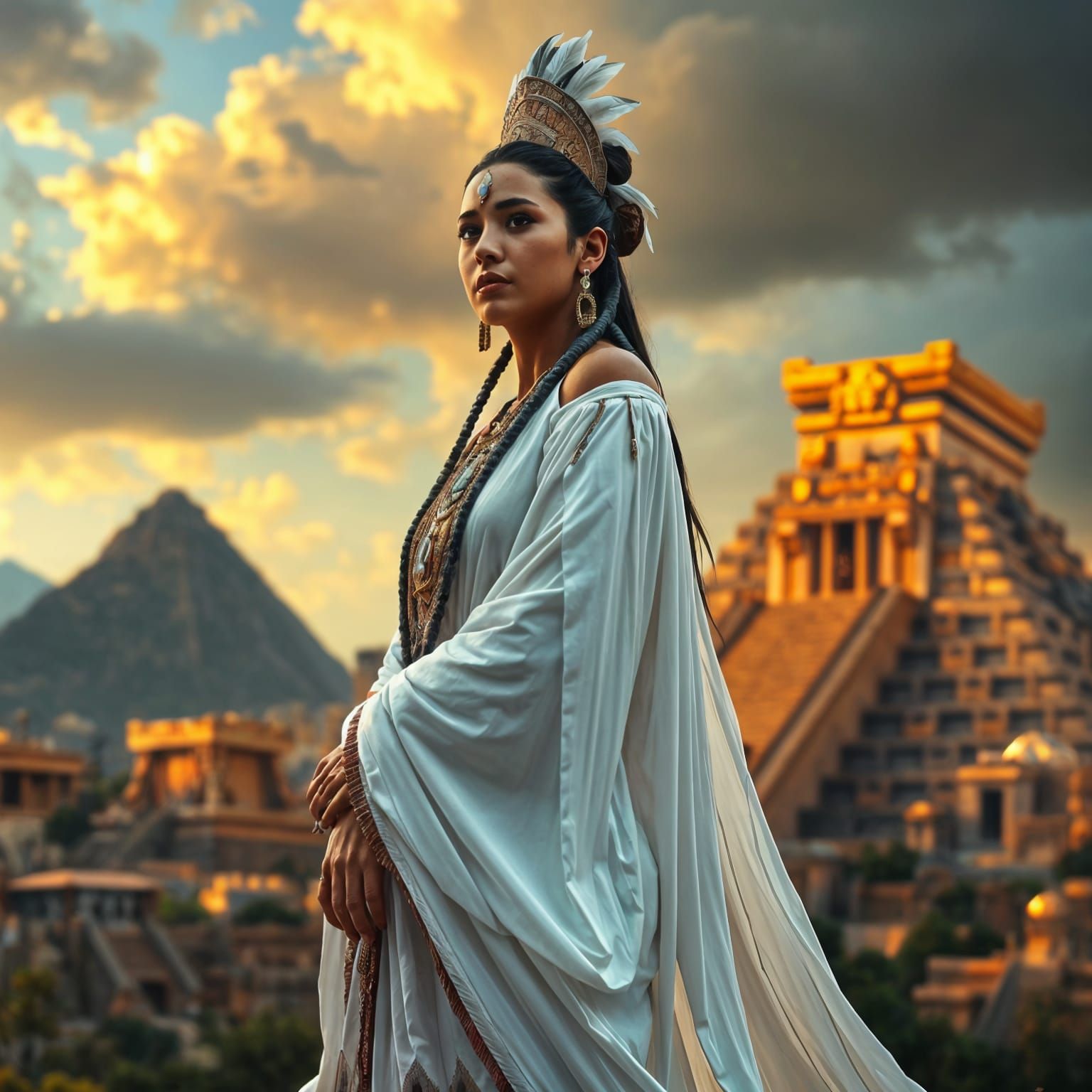 Ethereal Aztec Goddess in Golden City
