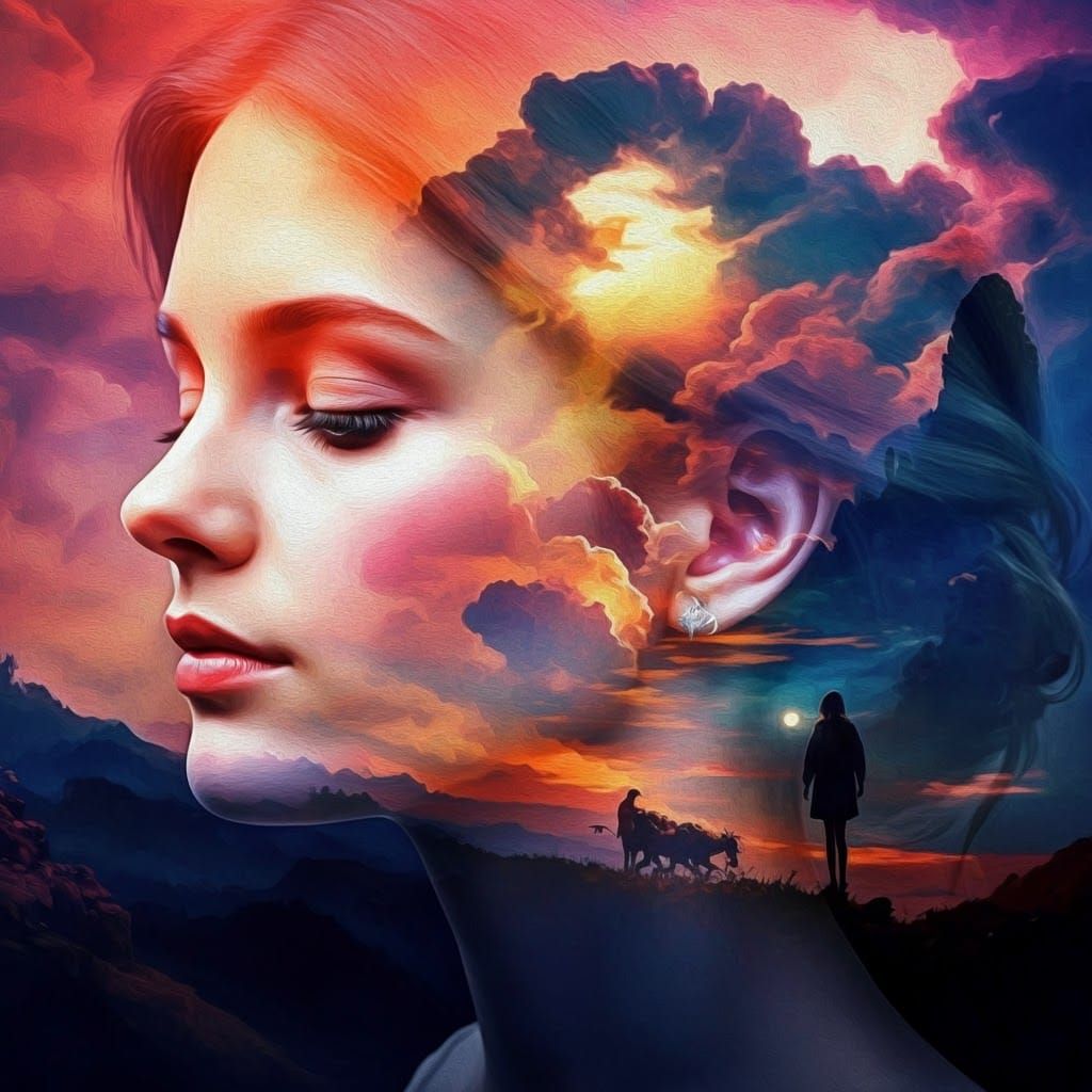 Dreamy Double Exposure Landscape as Impasto Painting