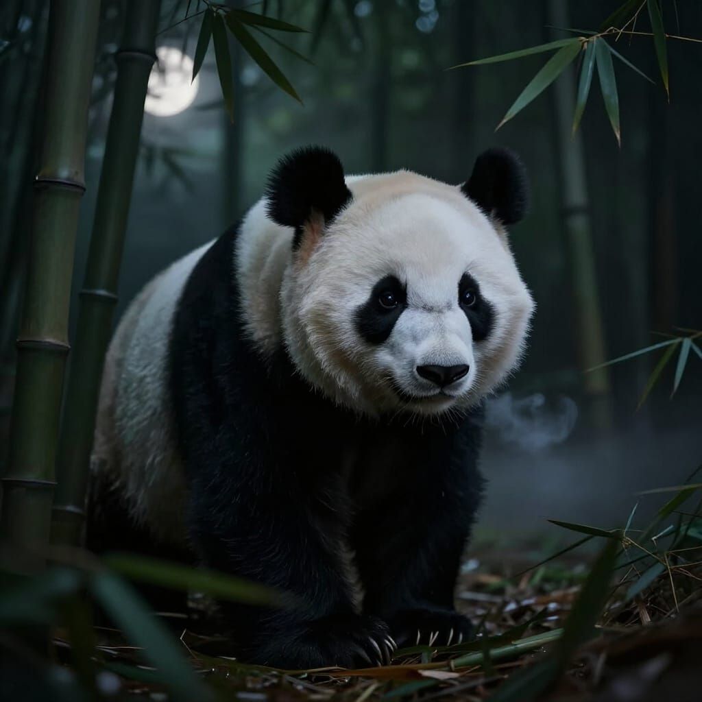 Realistic Panda in Moody Forest Illuminated by Moonlight