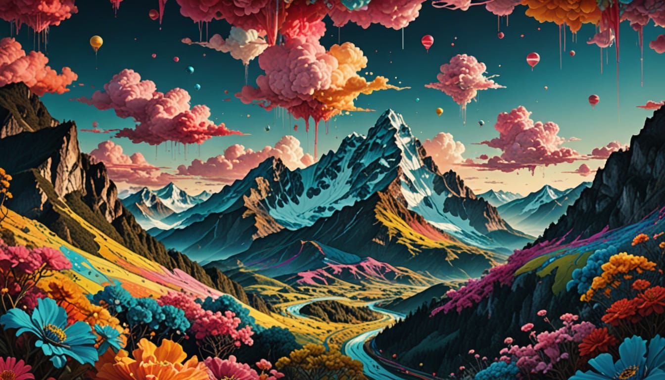 Whimsical Dreamlike Mountain Valley at Dusk