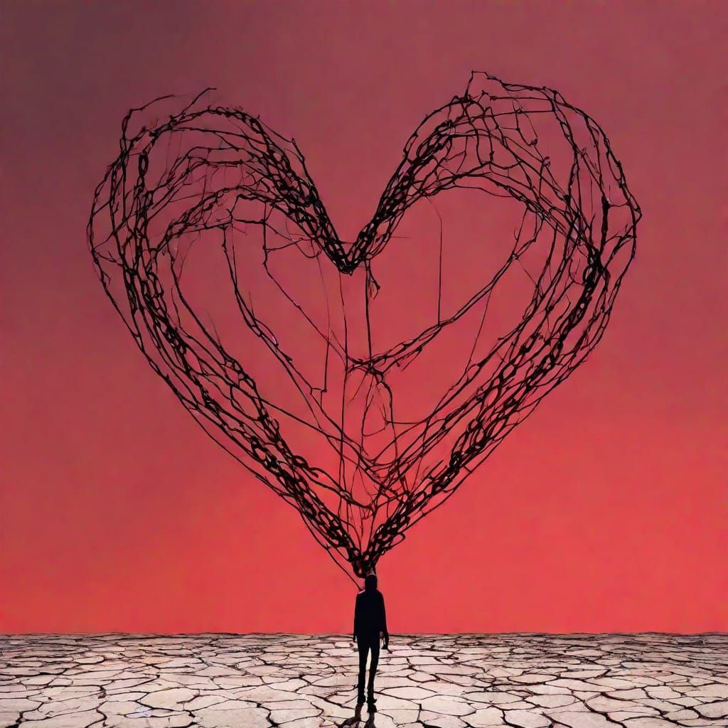 Surreal Heart Stitched With Chains Floating Above Shadowy Fi...