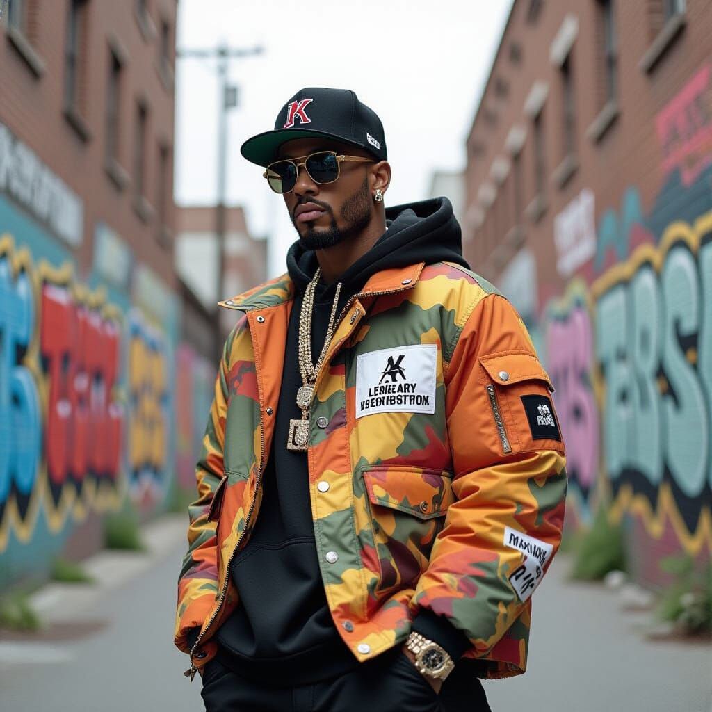 Rapper in Bold Streetwear, Urban Portrait