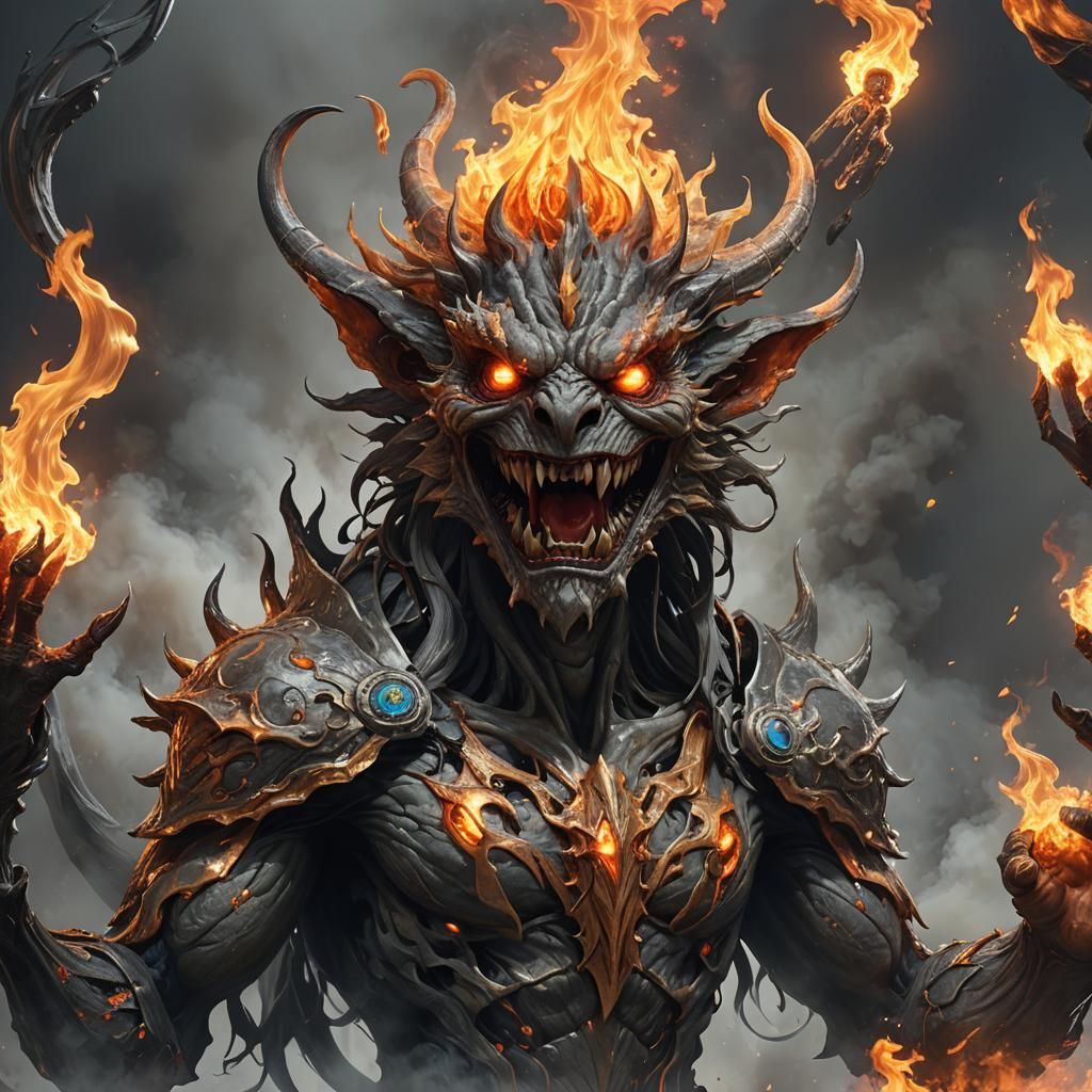 Friendly Flame Monster Waving Portrait in Detailed Style