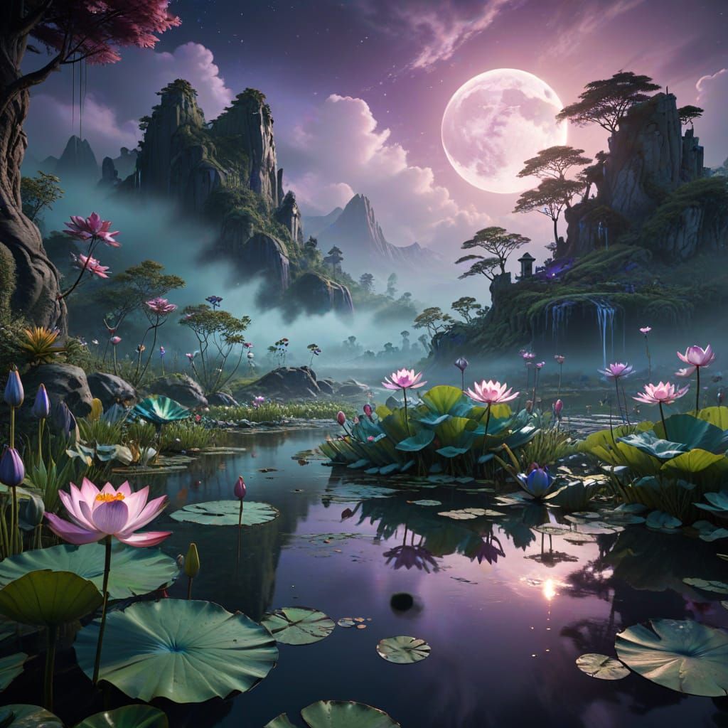 Twilight Serenity: Lotus Blooms Under the Moonlit Mist