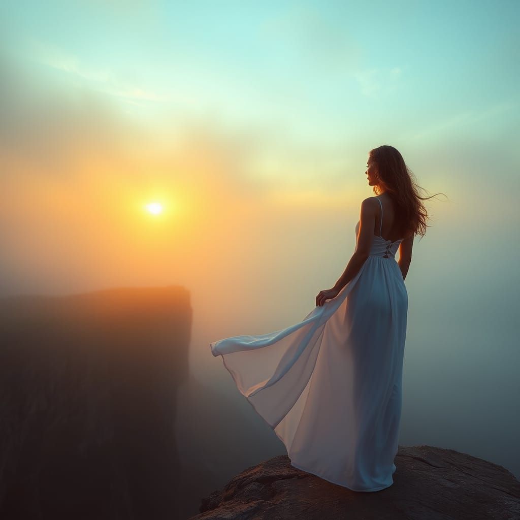 Woman Gazing at Sunset in Dreamy Concept Art Style