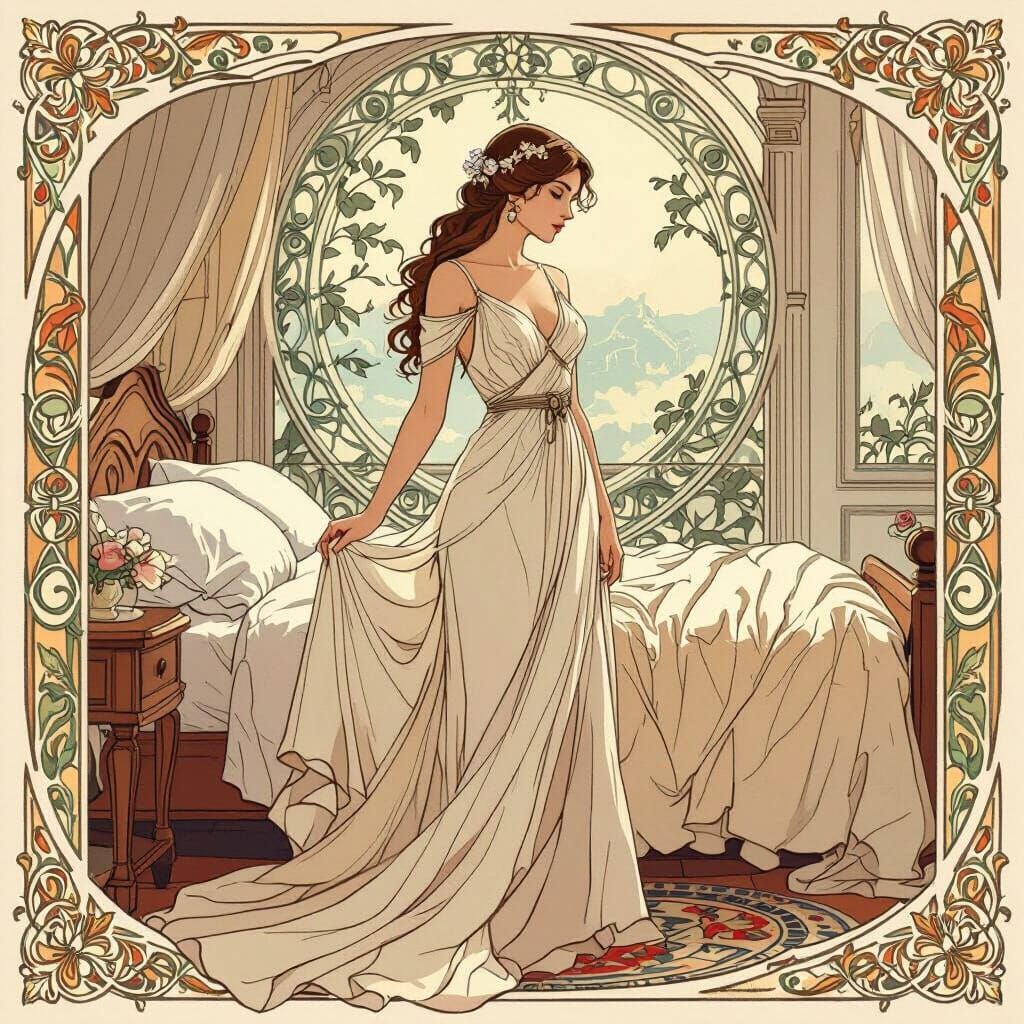 Elegant Woman in Bedroom, Art Nouveau Style