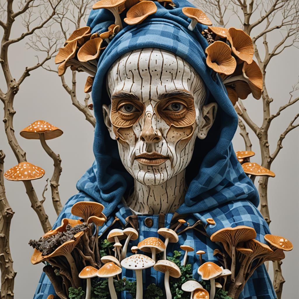 Mushroom Harvesters at Modern Art Museum in Linocut Style