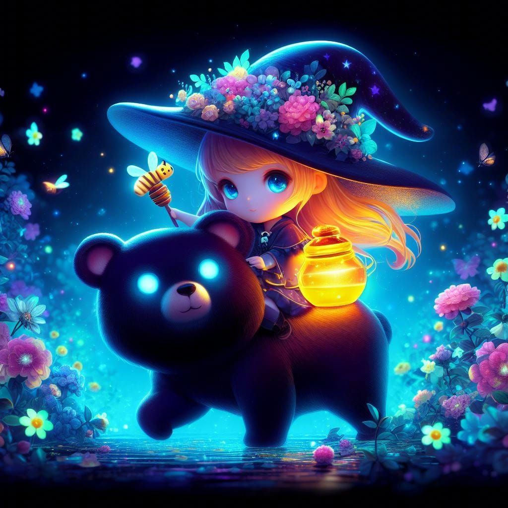 Bear Guardian Witch in Bioluminescent Forest
