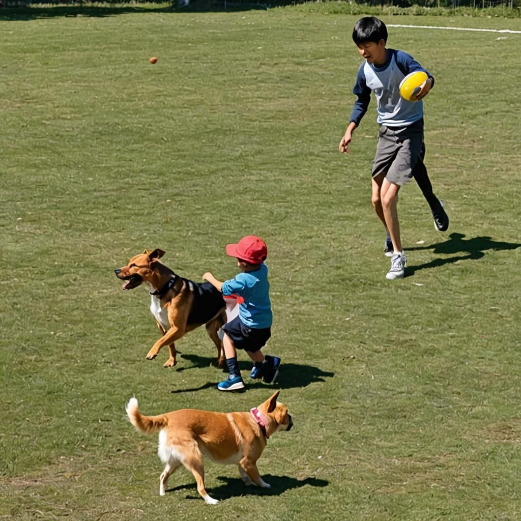 Dog Playing Frisbee with Boy in Sunlight