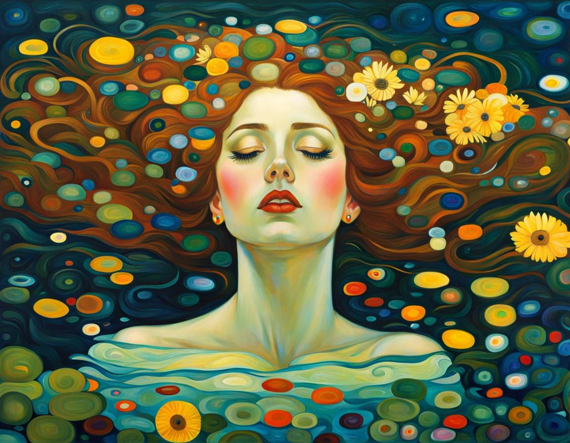 Ophelia's Drowning in Klimt and Kandinsky Styles