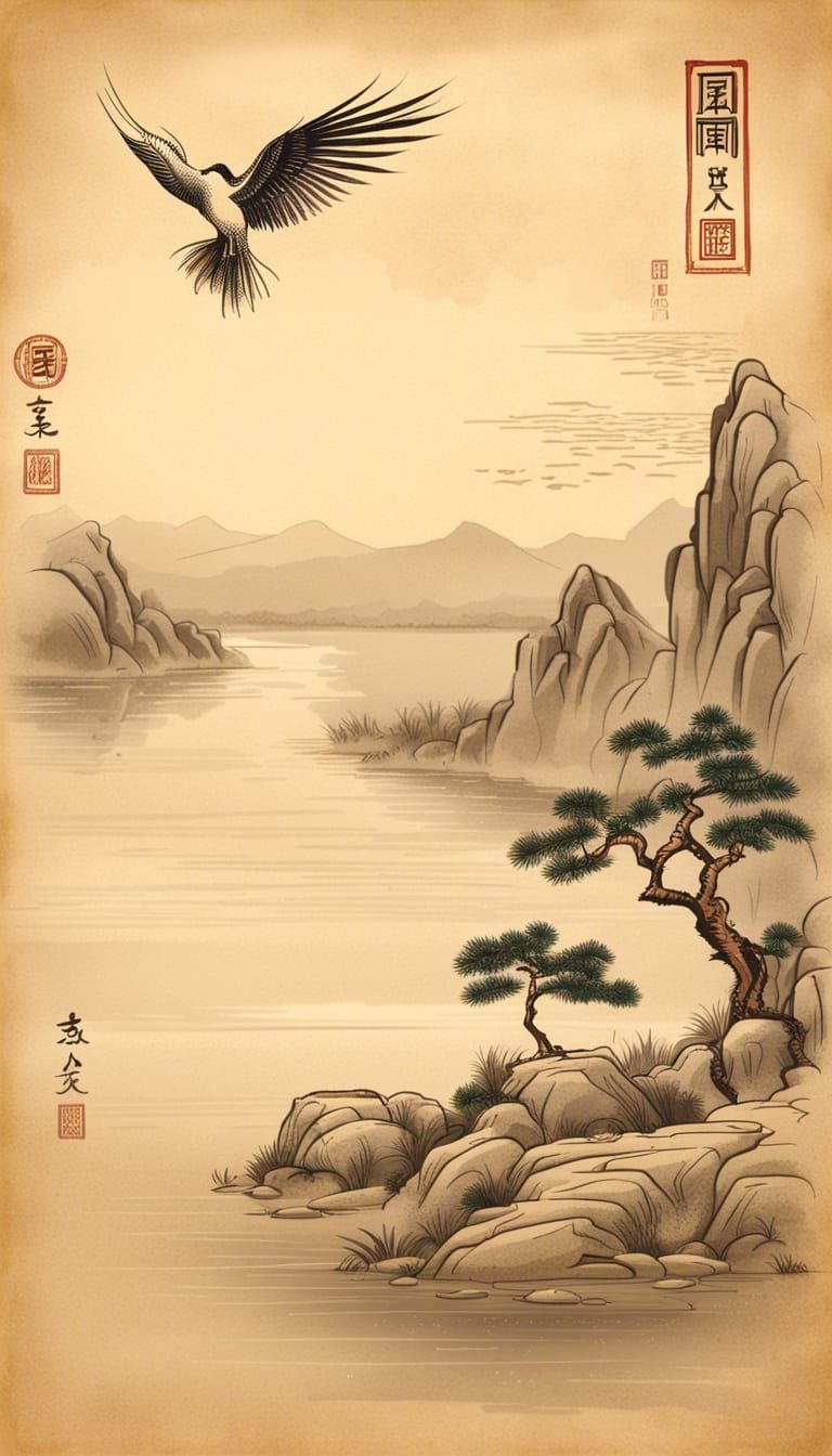 Bird on Lake Shore in Chinese Style