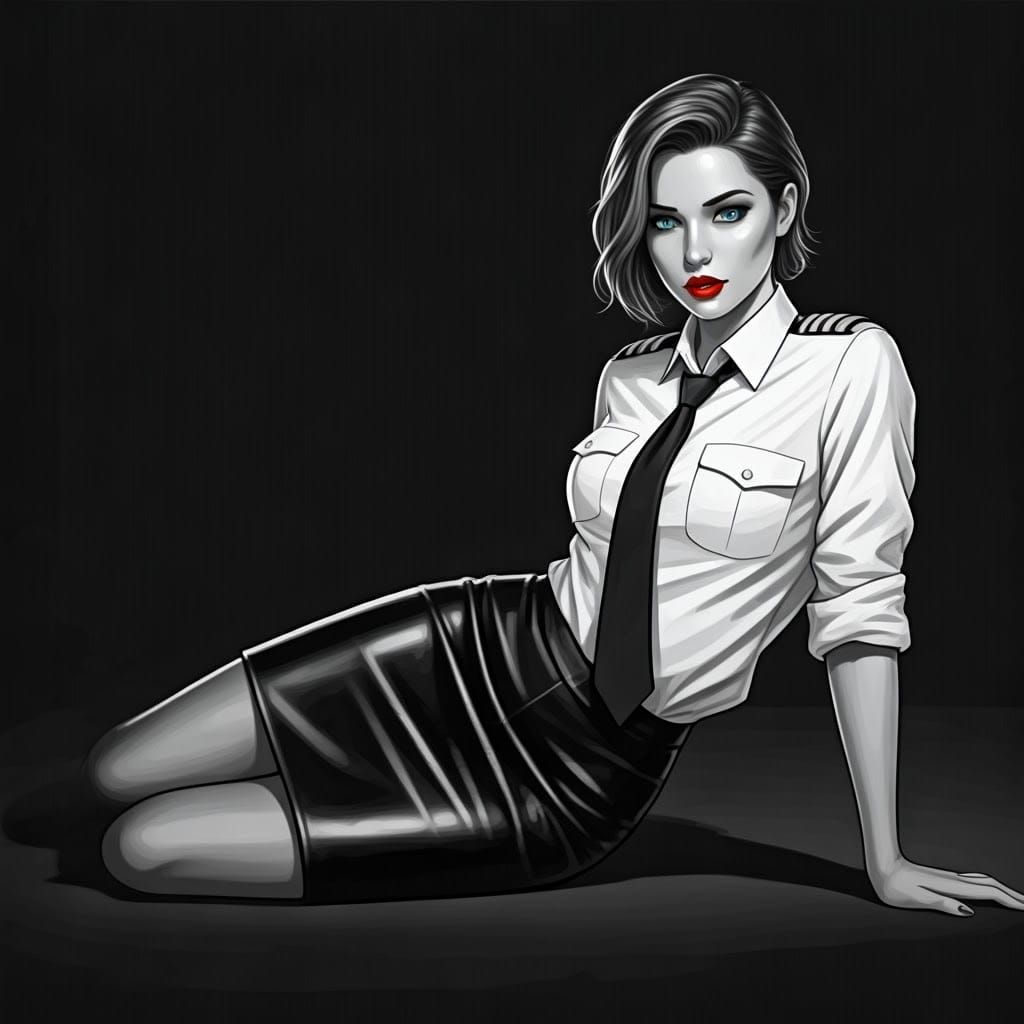 Elegant Female Pilot in Fitted Uniform, Sketch Style