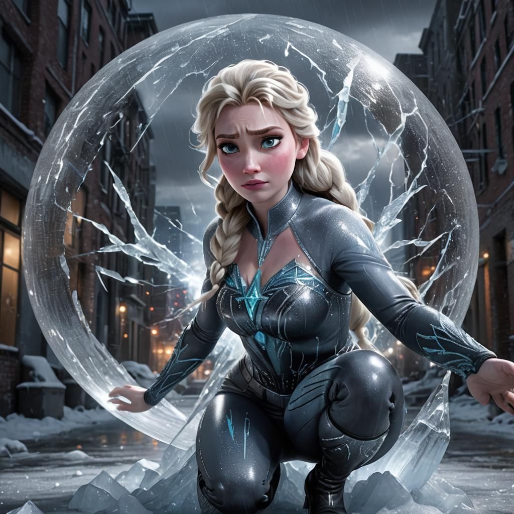 Elsa in Ice Catsuit in Stormy City, 3D Render