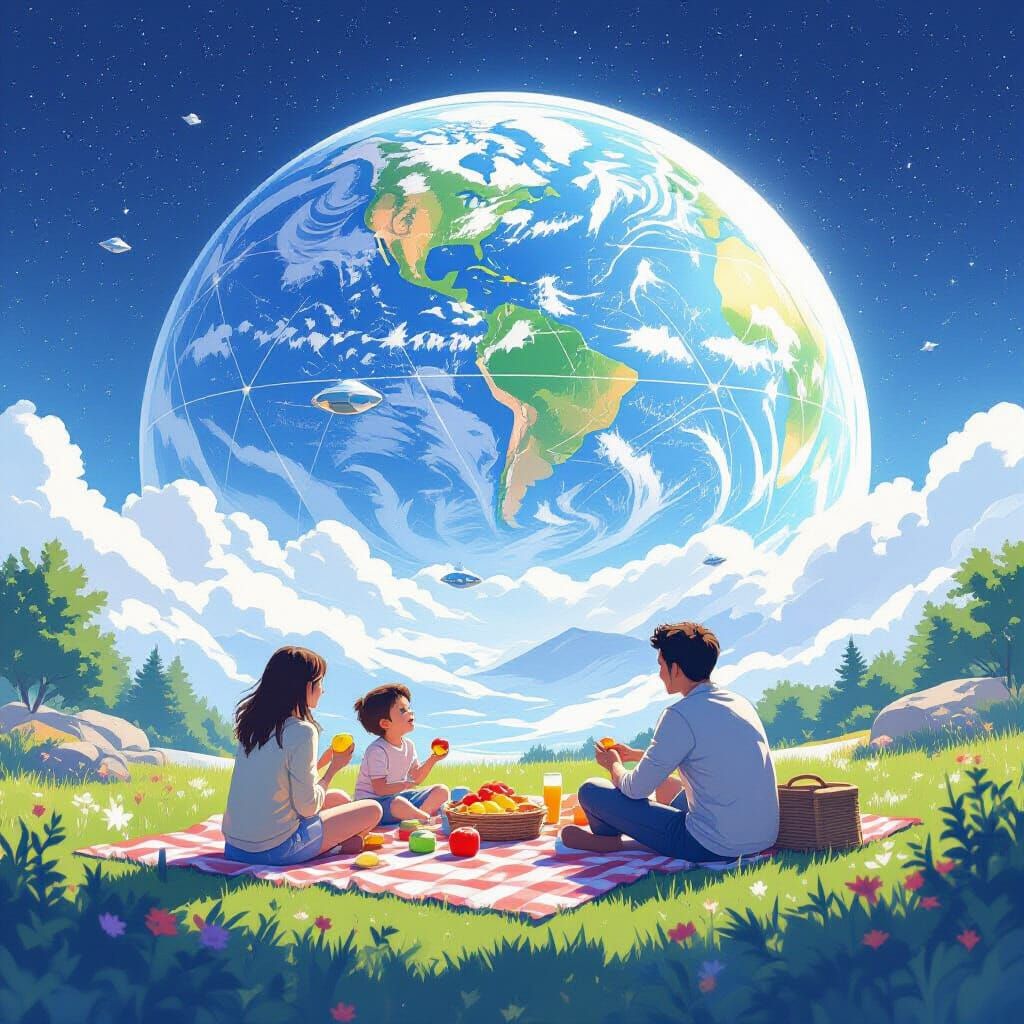 Futuristic Biodome Picnic Under Earthrise Sky