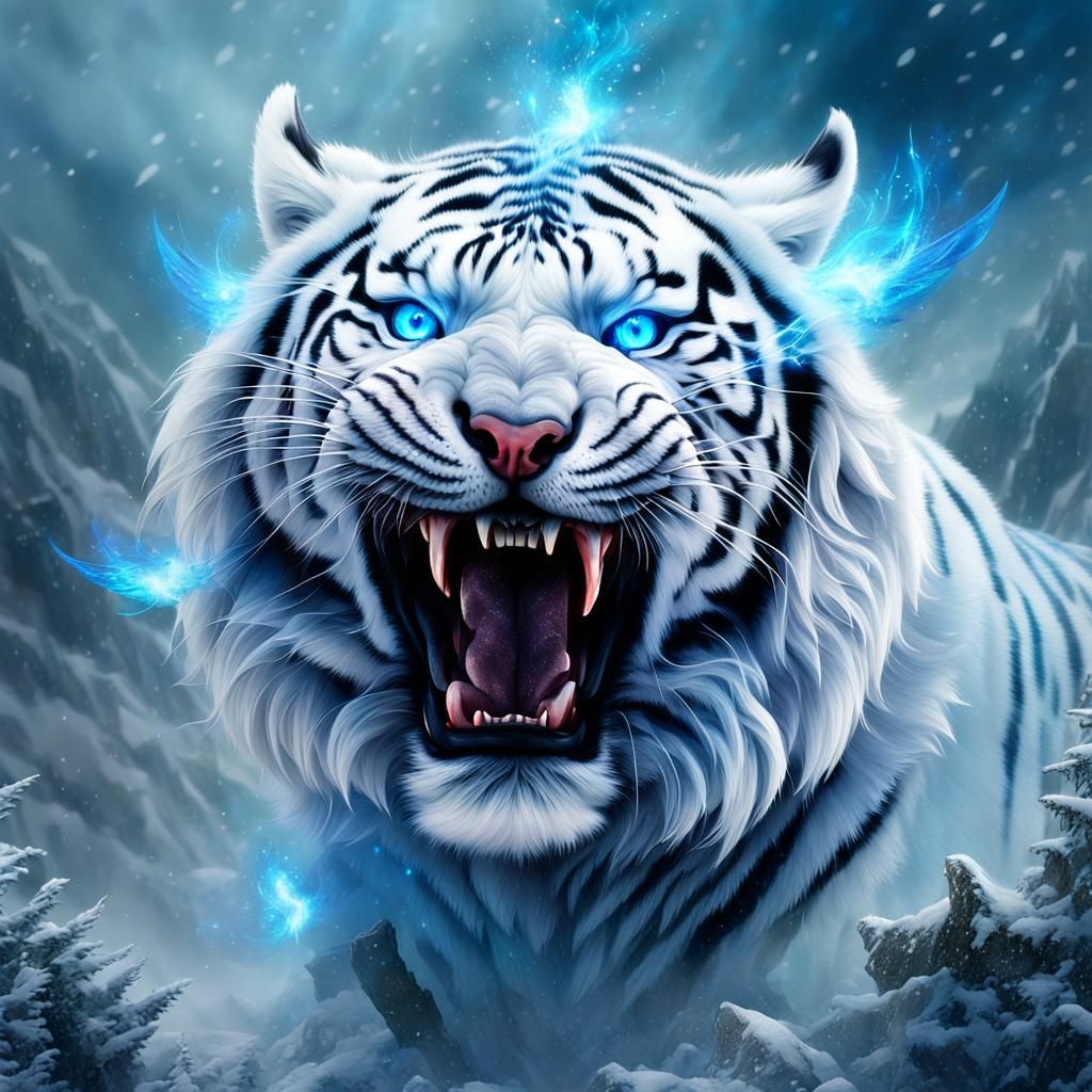 Mythical Winged Snow Tiger Roaring on Battlefield