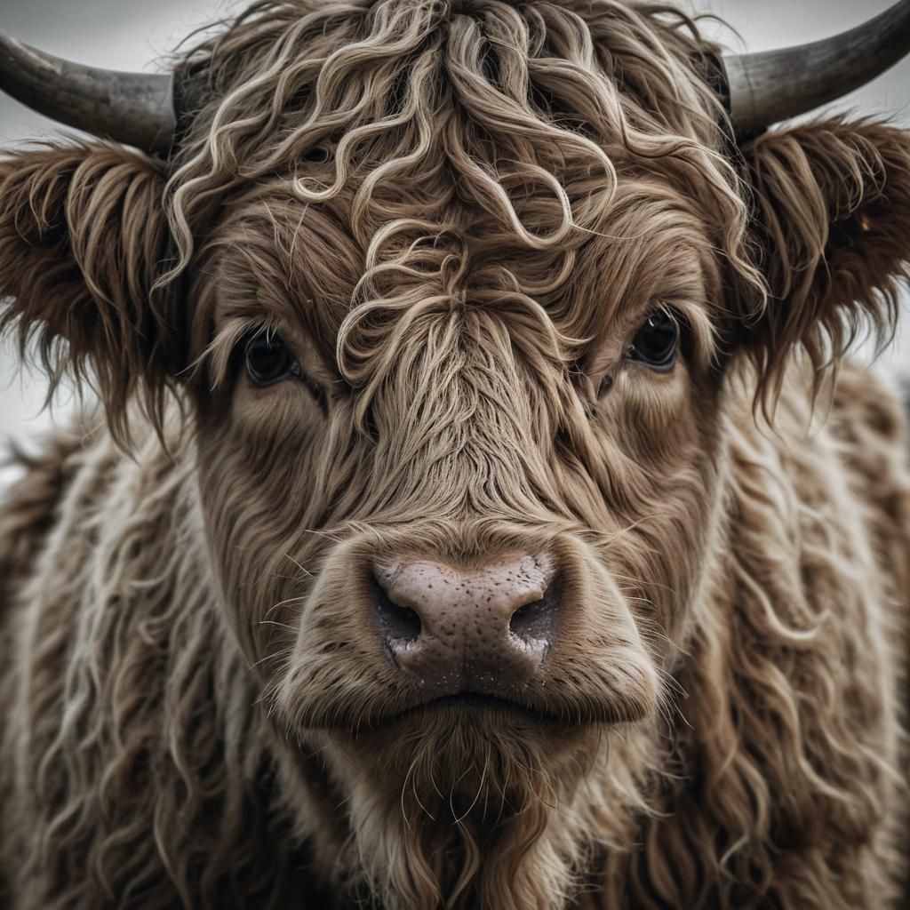 Highland Cow Portrait in Line Art Style