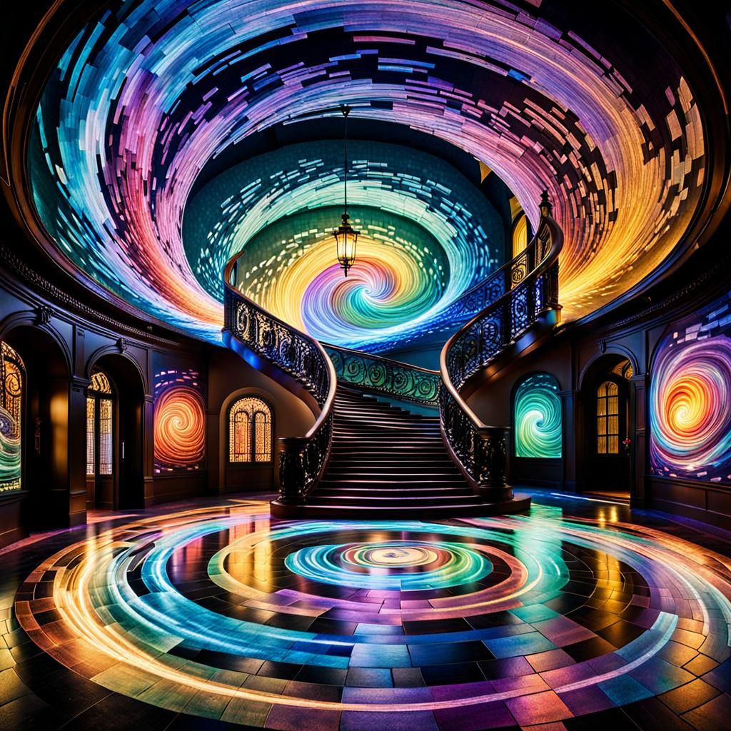 Step into a swirling vortex of light, where iridescent streams mark the pathways between moments, each color representin...