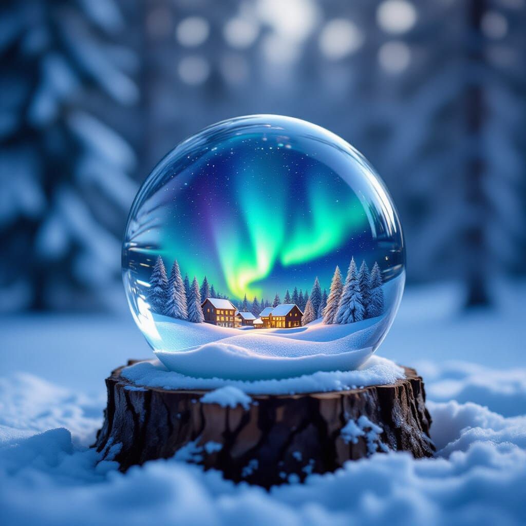 Enchanting Snow Globe with Aurora Sky Display