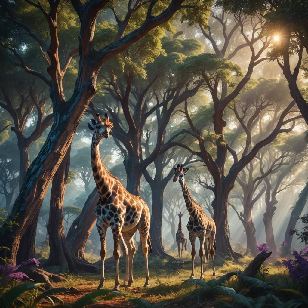 Giraffes Eating in a Lush Forest