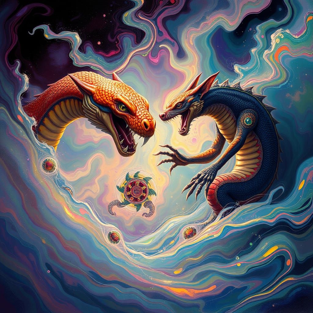 Ethereal Serpent Battles Mongoose in Opalescent Mist