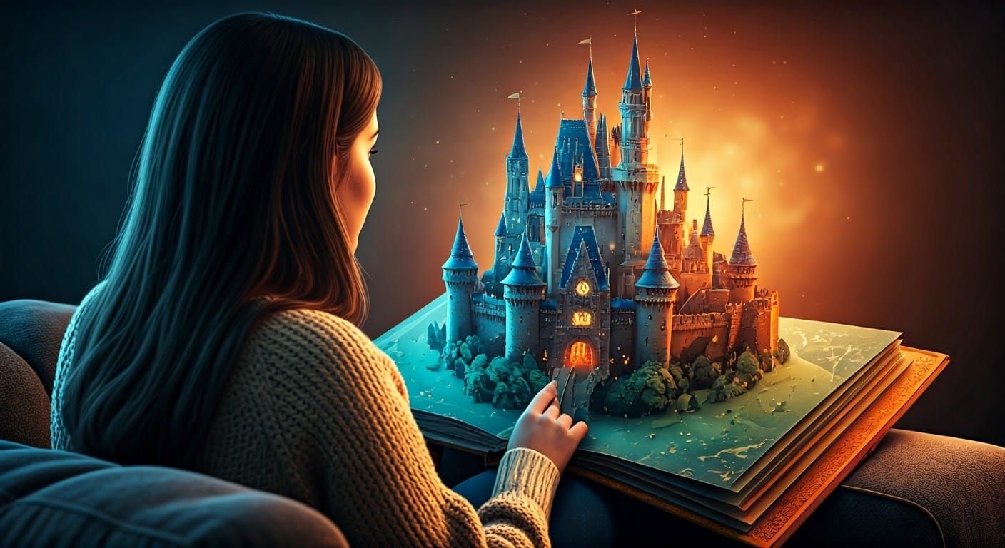 Woman and Popup Book Castle: Hyperrealistic Digital Art