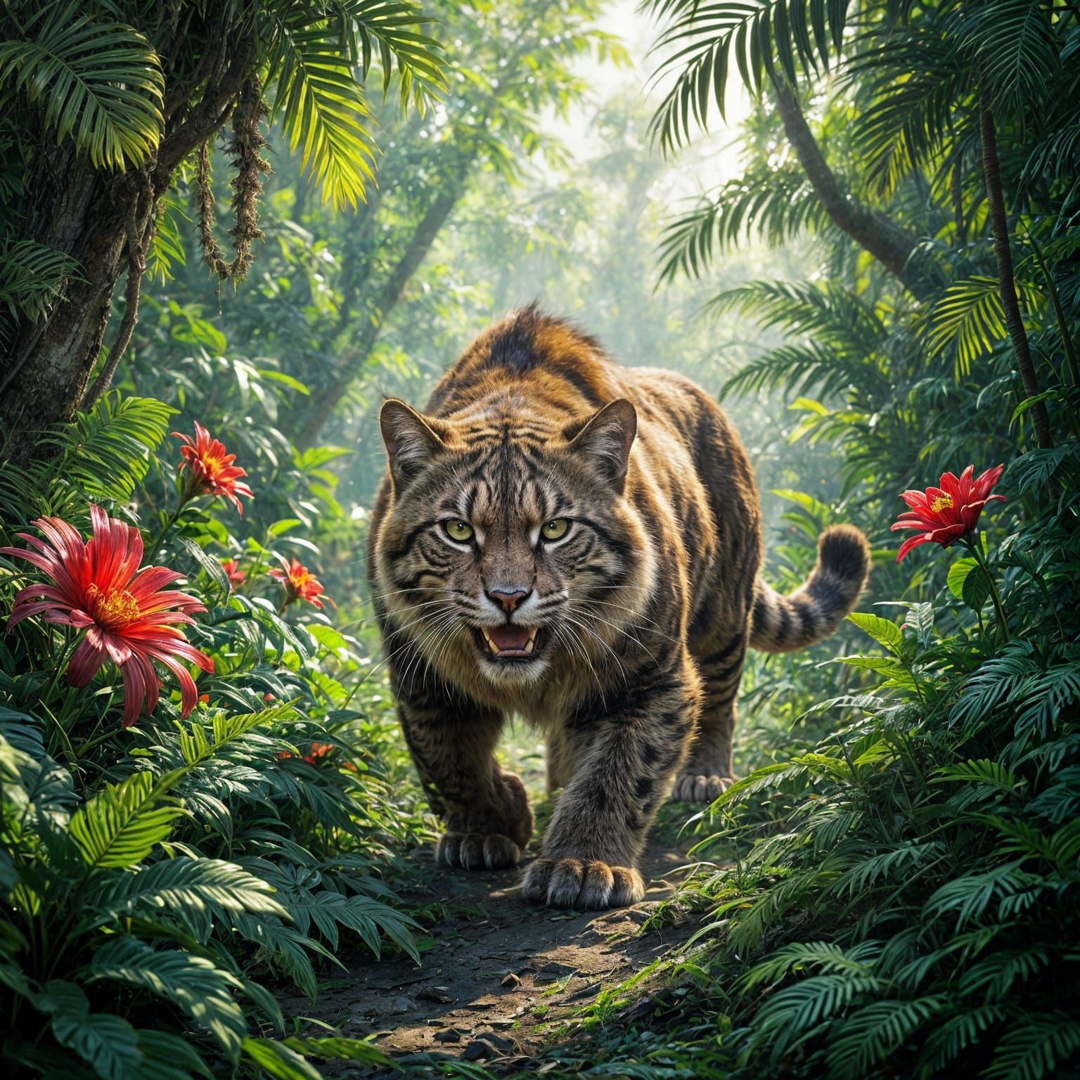 Saber-Toothed Cat Prowling in Prehistoric Jungle