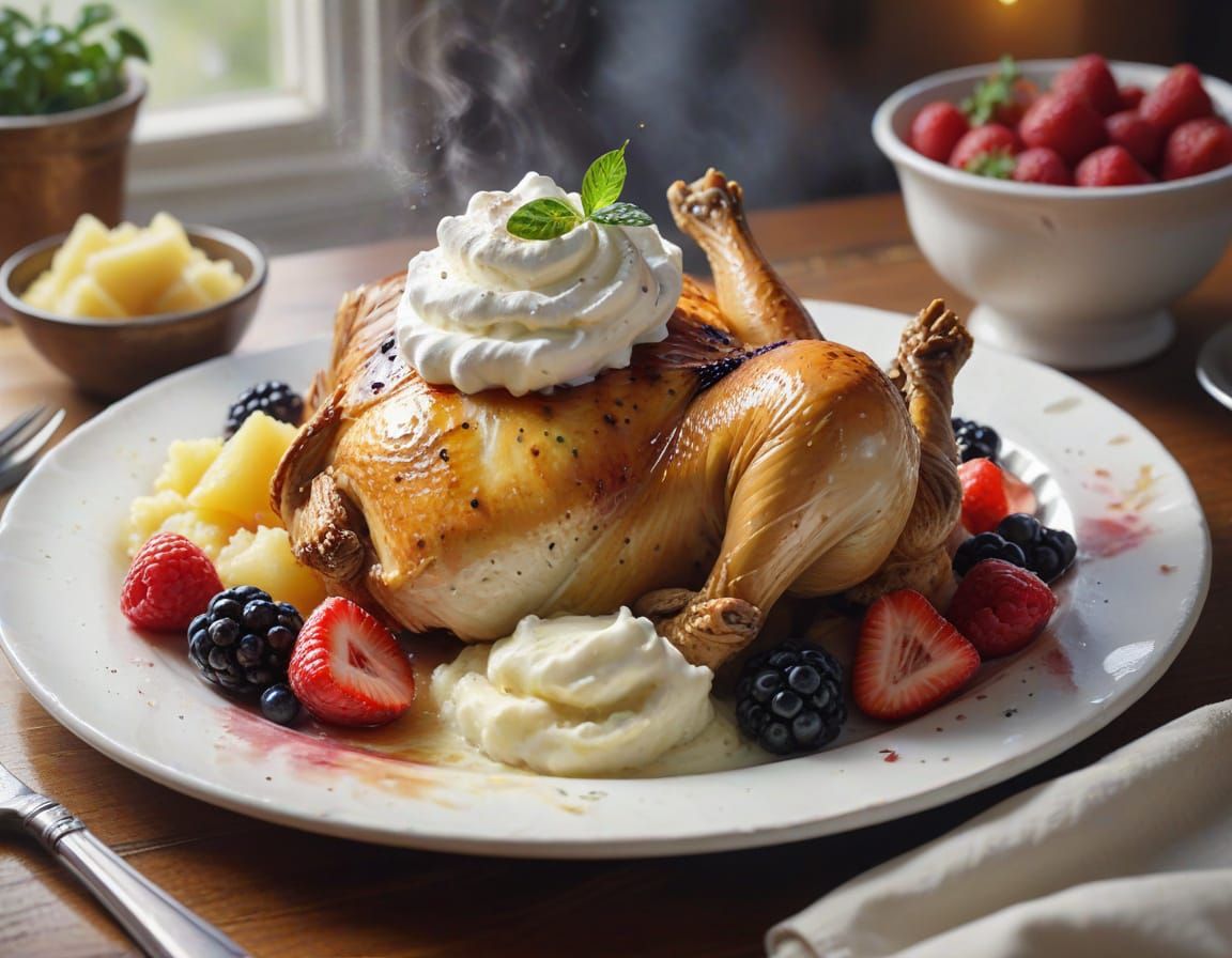 Hyperrealistic Watercolour of Roasted Chicken and Fruit