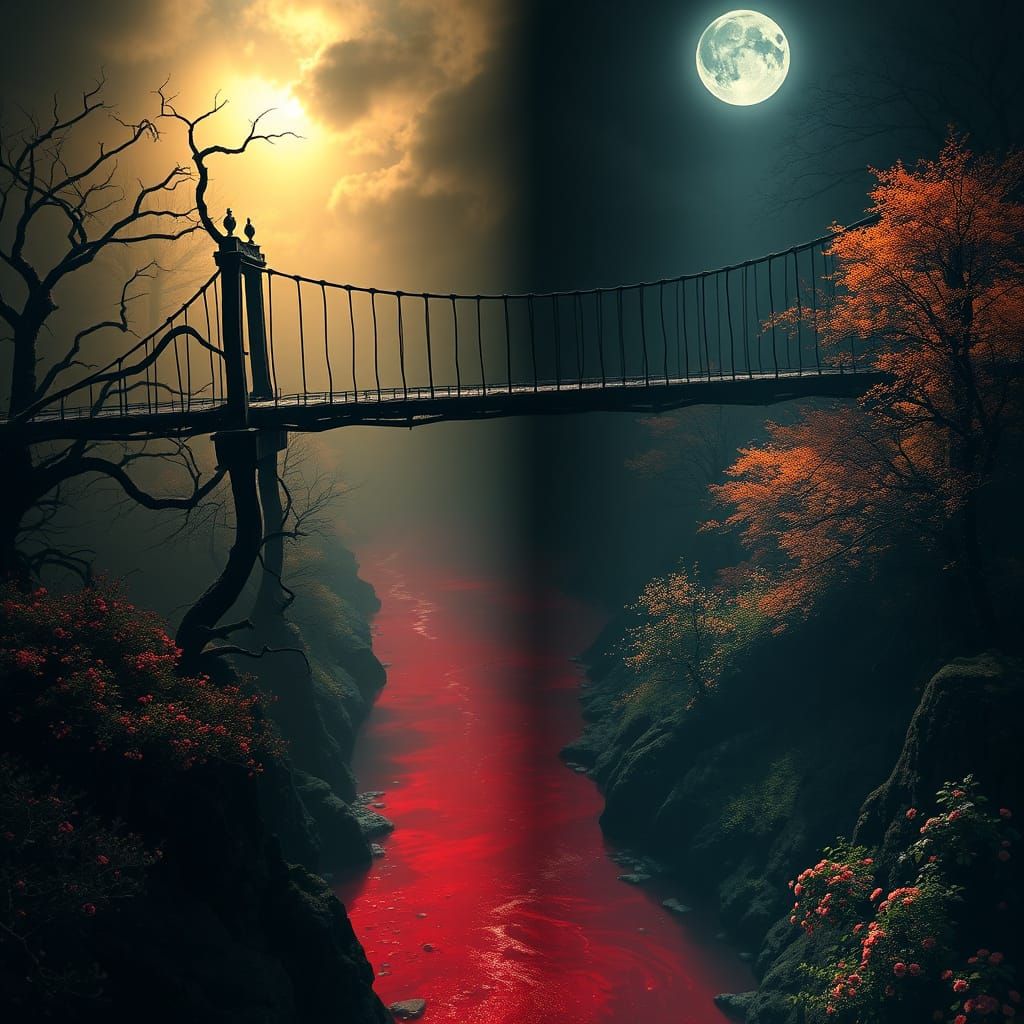 Eerie Gothic Bridge Suspended Above Crimson River, Separatin...