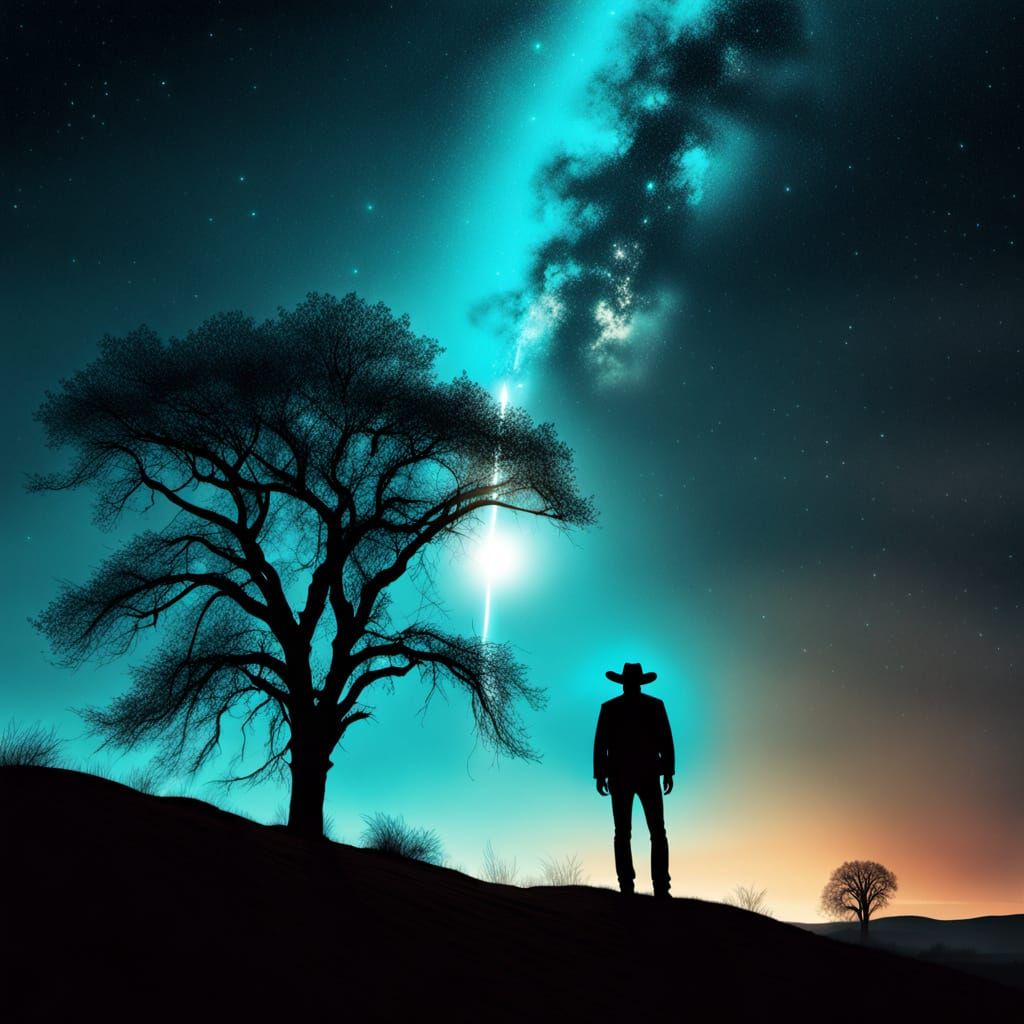 Cowboy Silhouette Under Cyan Neural Network Sky