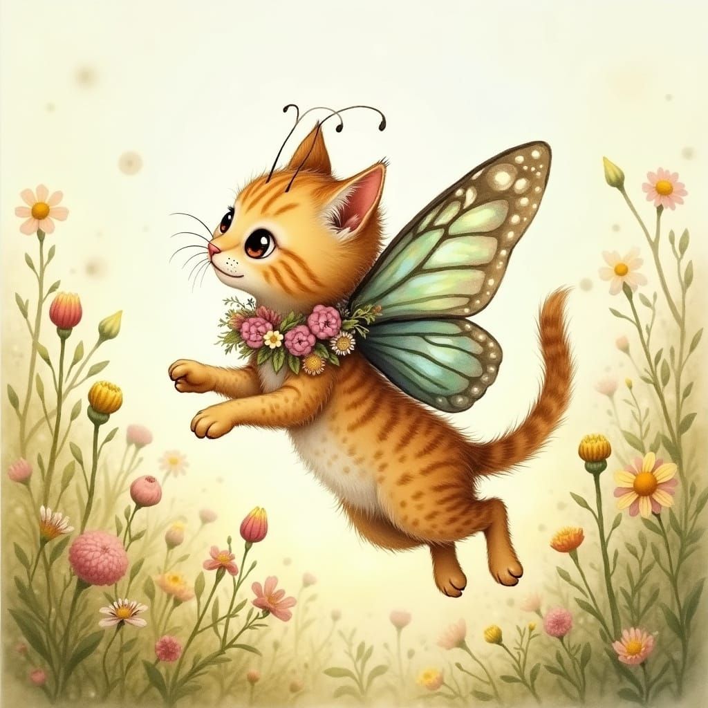 Kitten-Butterfly Hybrid in Sun-Dappled Meadow as Watercolor